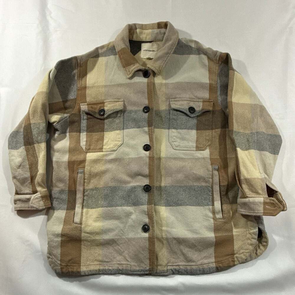 Lucky Brand Women's Oversized Plaid Flannel Shirt Jacket Shacket Tan Brown Large